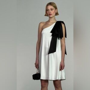 Ted Baker Midori One-Shoulder Satin Mini Dress Ivory w Layered Black Bow.